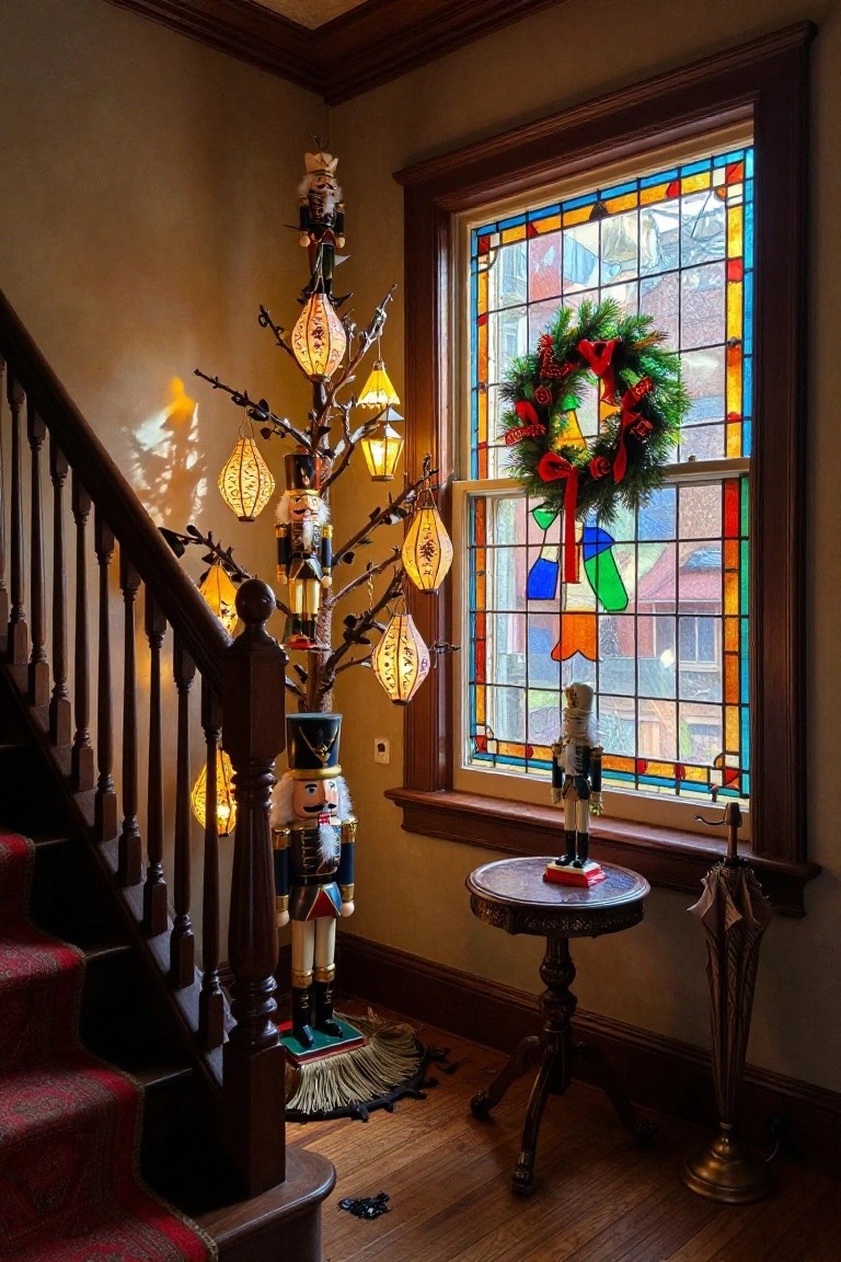 Stairwell corner in a vintage home with a twisted branch structure holding nutcracker figures and hanging lanterns, beside a stained glass window, small table, and umbrella stand.