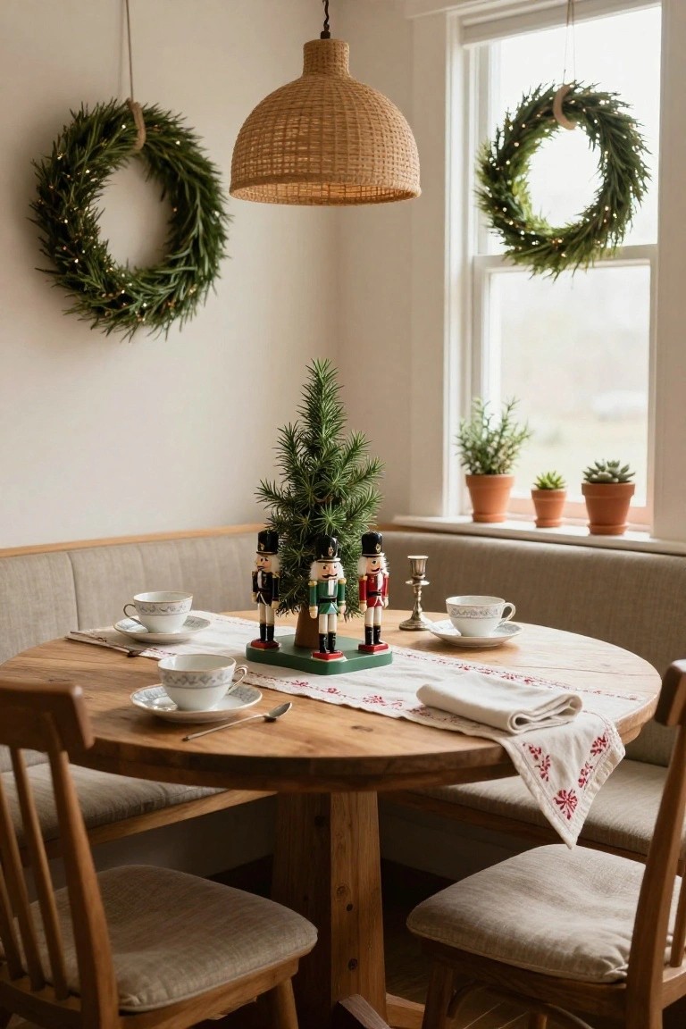 Round wooden dining table in a beige breakfast nook with built-in bench seating, set with white teacups and saucers, a small potted Christmas tree surrounded by four nutcracker figures on a green base, wreaths on walls, and potted plants by the window.