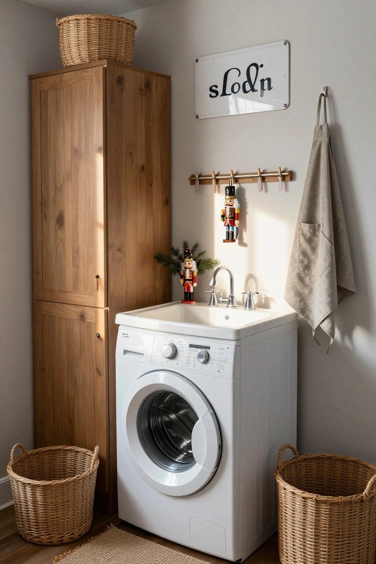 Laundry room with tall wooden cabinet, white front-loading washer, utility sink, wicker baskets on floor, wooden peg rail holding nutcrackers and aprons, and white sign reading stylized 