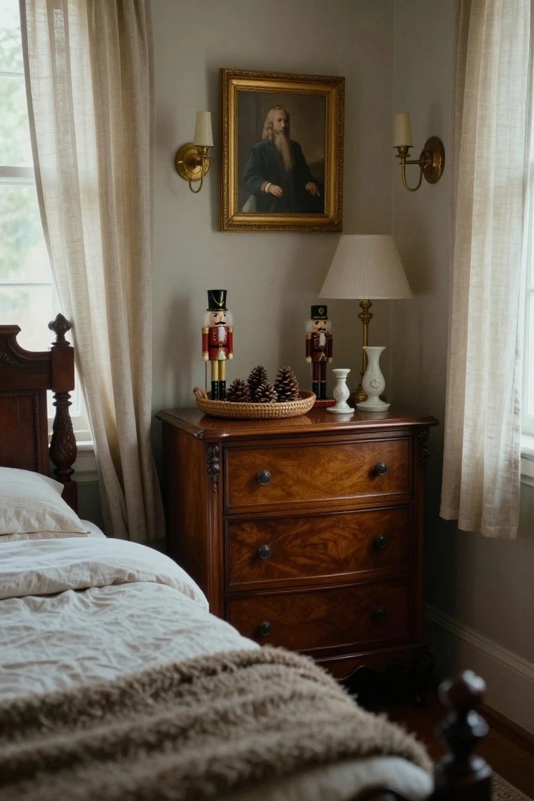 Corner view of a bedroom featuring a wooden dresser with nutcracker figures, pinecones in a basket, candles, a lamp, sheer curtains on windows, a gold-framed portrait, wall sconces, and a nearby antique bed with white linens and a fur throw.