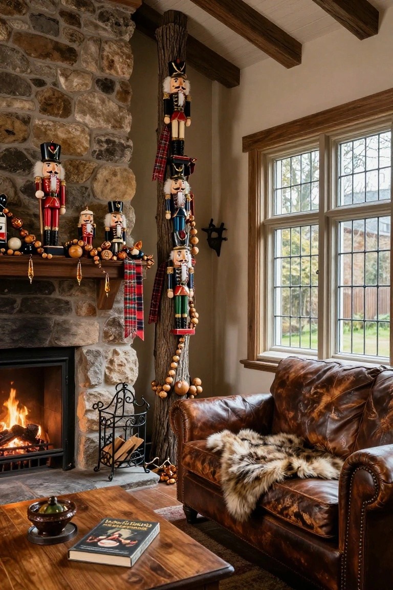 Rustic living room interior with stone fireplace, mantel garland, multiple nutcracker figures on a tall tree trunk pillar, leather armchair with fur throw, wooden coffee table, and leaded windows.