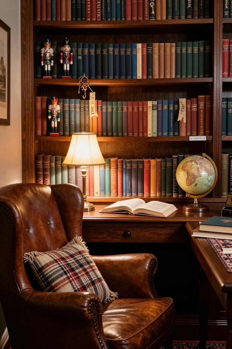 Wooden bookshelves filled with colorful books and nutcracker figures in a cozy study, with a leather armchair at a desk, open book, lamp, and globe nearby.