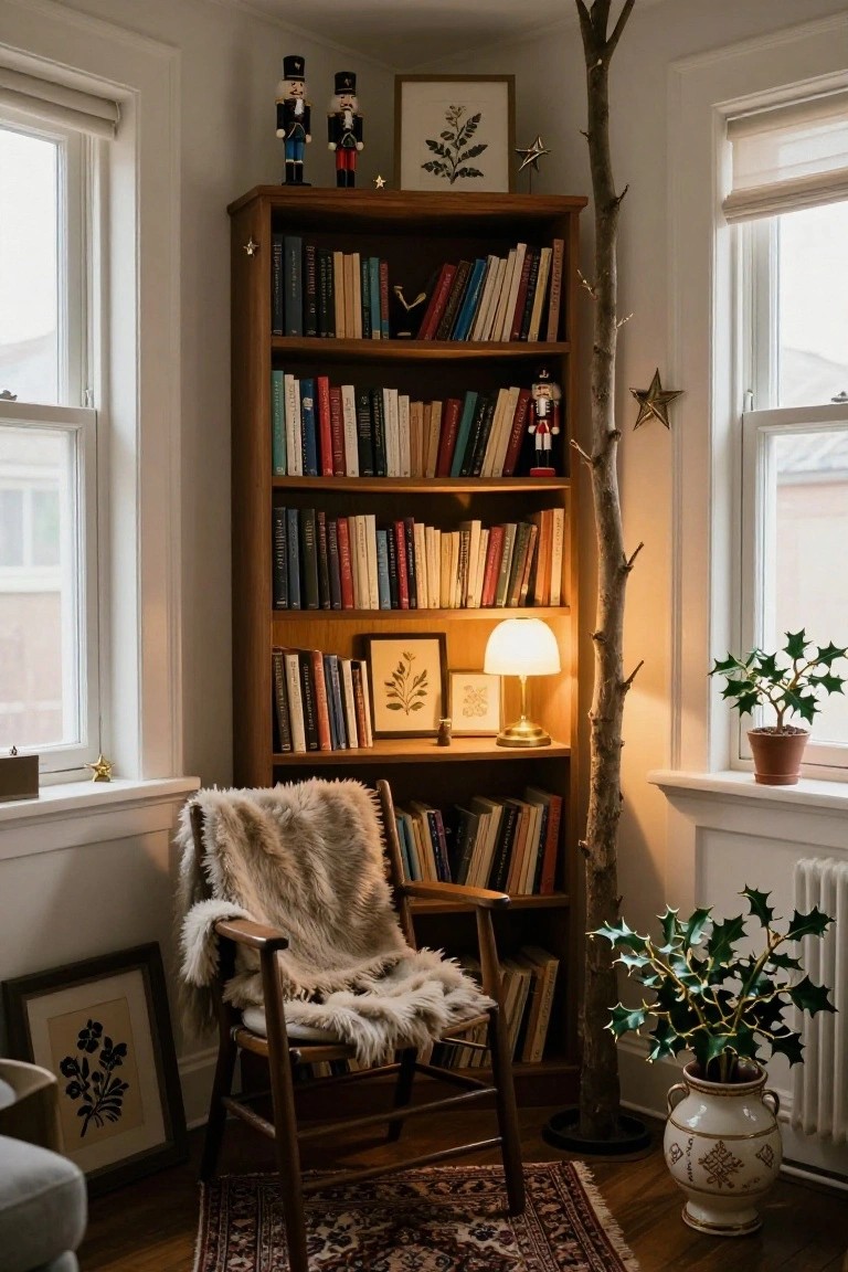 Corner of a warmly lit room with a tall wooden bookshelf filled with colorful books, two nutcracker figures on top, a slender branch tree decorated with gold stars, a wooden armchair draped in a sheepskin throw, a table lamp, potted plants, and framed botanical prints near large windows.