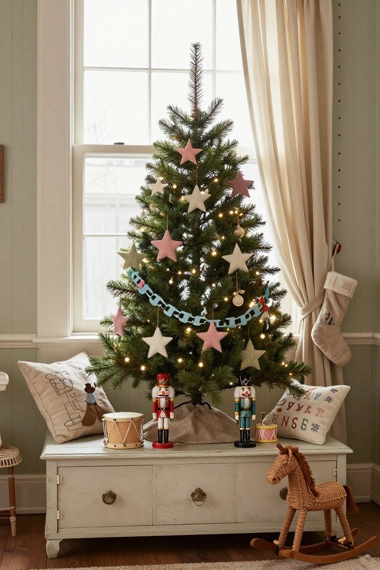 Small lit Christmas tree decorated with multicolored felt stars, garlands, and lights on a white bench beneath a window, flanked by two nutcracker figures, a drum, and wicker rocking horse in a light green room with pillows and stockings.