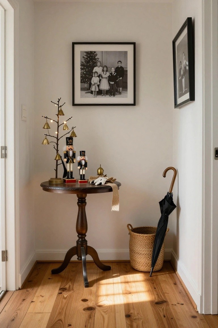 White interior hallway corner with a small round wooden pedestal table holding two nutcracker figures, a lit brass branch with bells, decorative items including a white glove and gold balls, framed black-and-white photos on walls, and a black umbrella in a wicker basket on wooden floors.