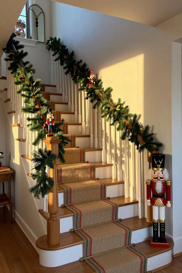Wooden staircase in a sunlit entryway wrapped with green garland along the railing and balusters, featuring several nutcracker figures positioned at intervals on the stairs and a large one at the base.