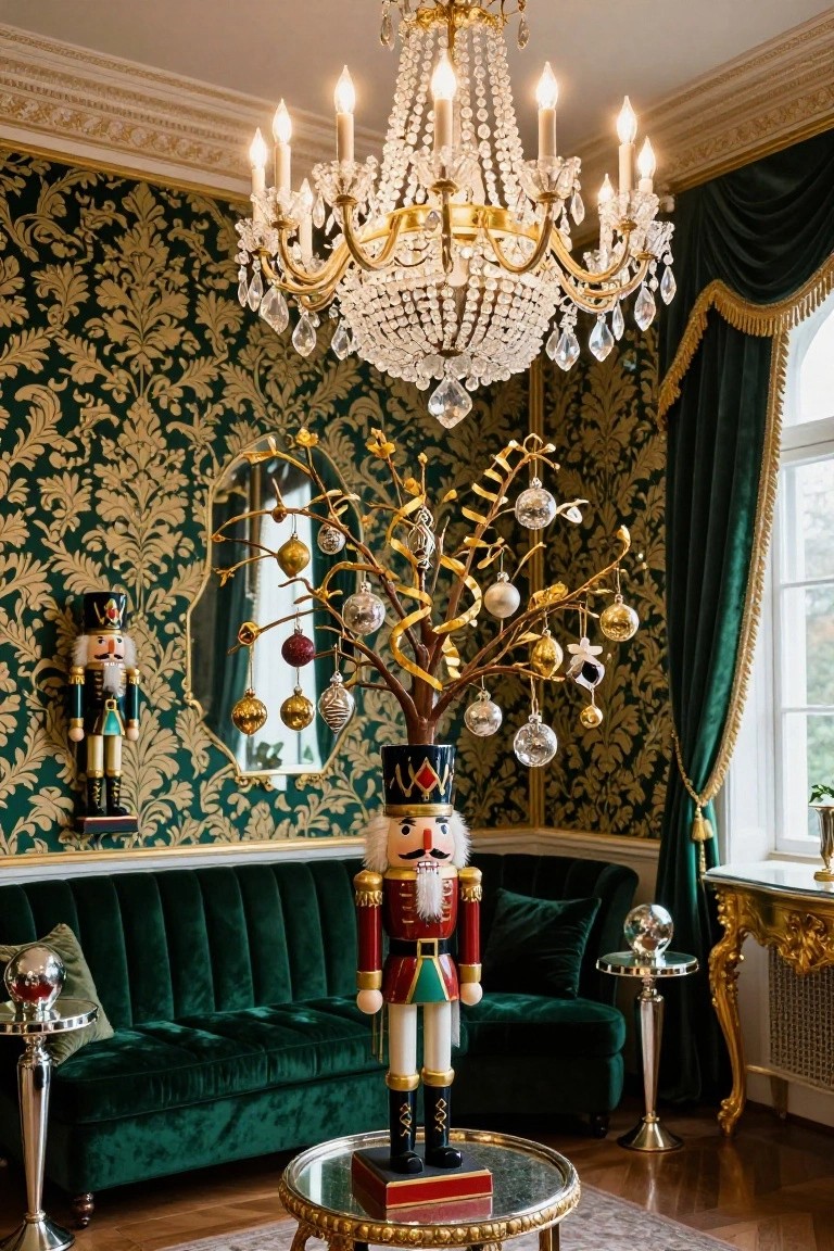 Emerald green damask wallpapered parlor with gold chandelier, twisty golden branch Christmas tree adorned with metallic ornaments on a round glass table next to a large red and gold nutcracker soldier, green velvet sofa, and smaller wall-mounted nutcrackers.