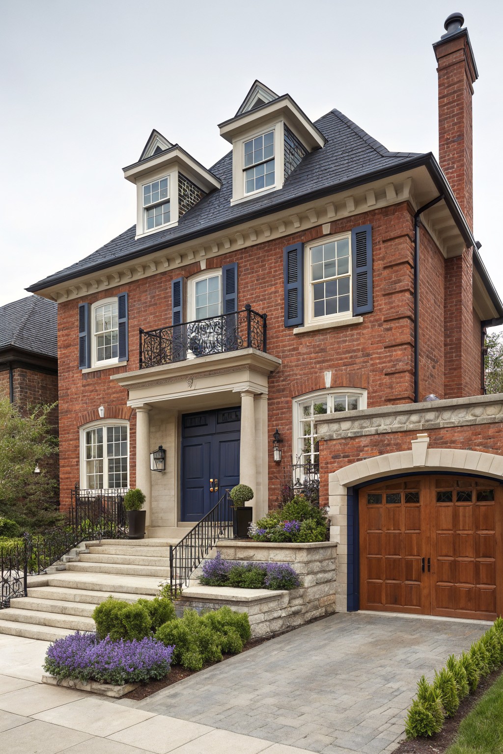 Two-story red brick house with dark gray roof, dormer windows, wrought iron balcony over columned entry with navy double doors, attached garage with wood doors, stone base accents, steps, and front landscaping.