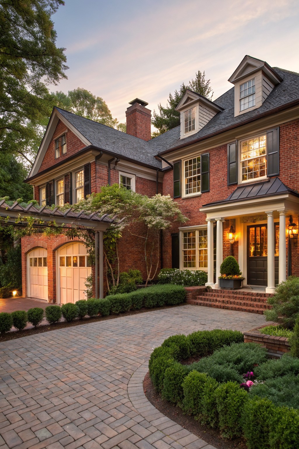 Two-story red brick house with gabled roof, columned front porch entry, attached garage under vine-covered pergola, brick paver driveway, boxwood hedges, and landscape lighting at dusk.