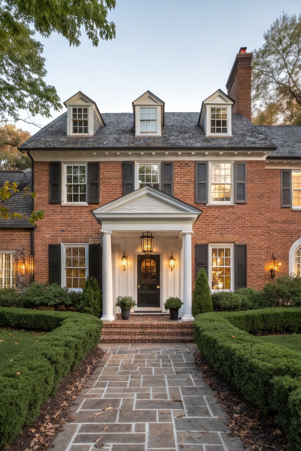 Two-story red brick house with slate roof, paired dormer windows, black shutters, central white portico with columns and lanterns framing black front door, flanked by boxwood hedges and stone pathway.