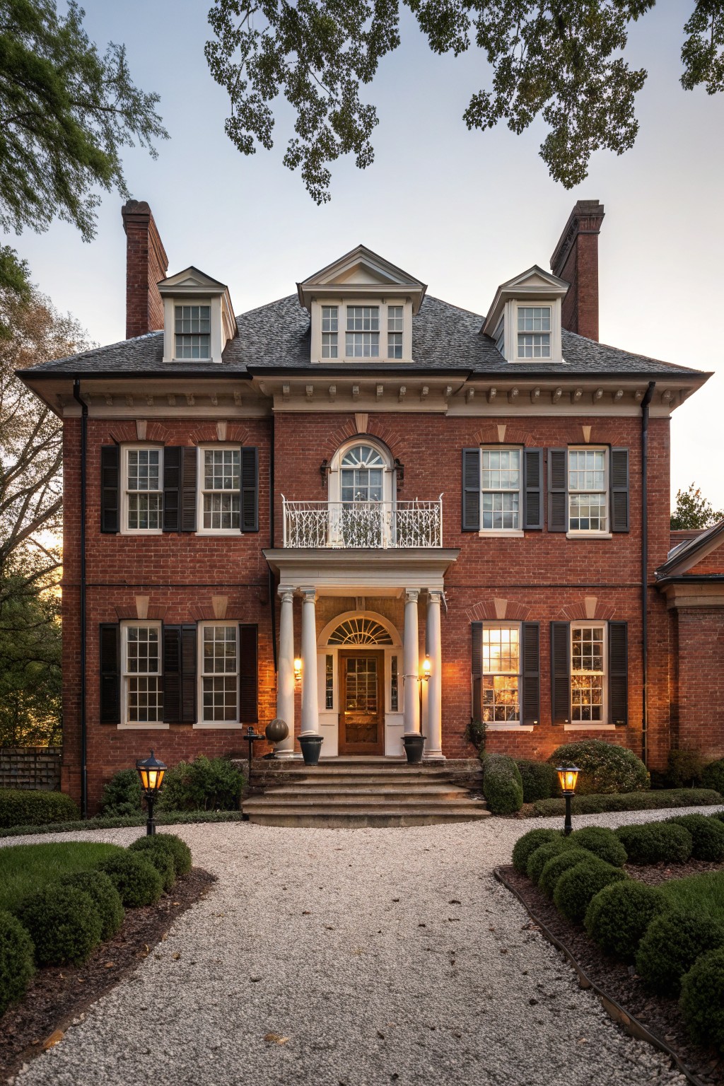 Two-story red brick house with symmetrical Georgian facade, central white portico supported by columns, black shutters on multi-pane windows, slate roof with dormers, brick chimneys, gravel driveway, boxwood shrubs, and lanterns.