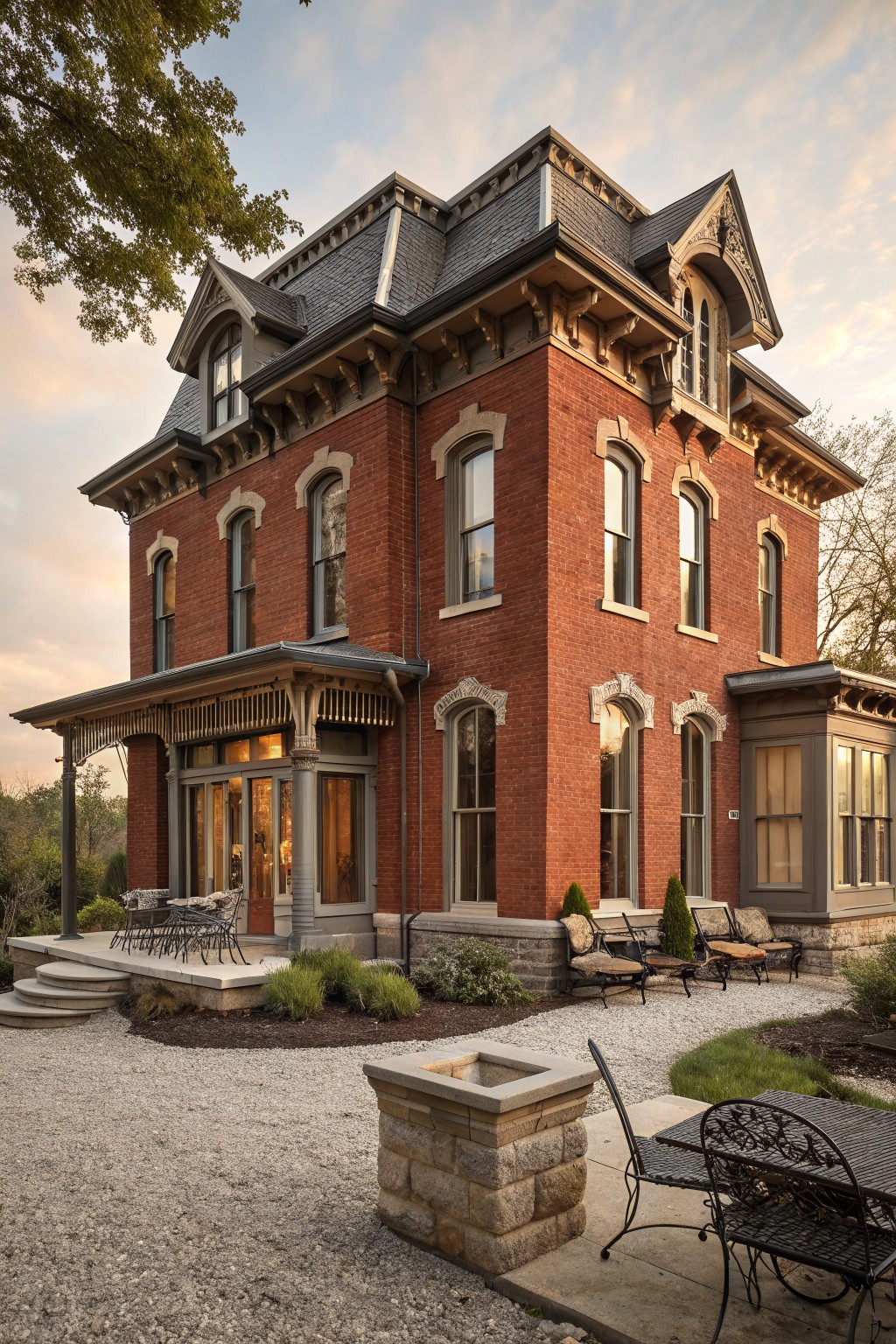 Two-story red brick Victorian house with mansard roof, arched windows, bracketed trim, covered porch with columns and glass doors, gravel patio with chairs and table, and low landscaping at dusk.