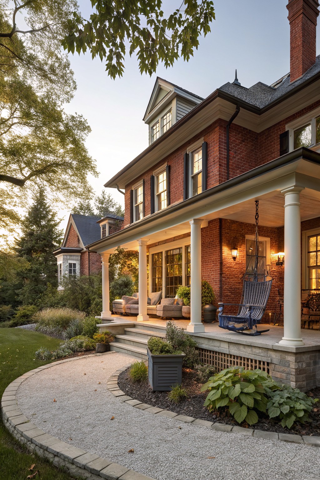 Two-story red brick house exterior featuring a covered porch with white columns, a blue hanging swing, seating furniture, wall lanterns, and a curved gravel path edged with stone and plants.