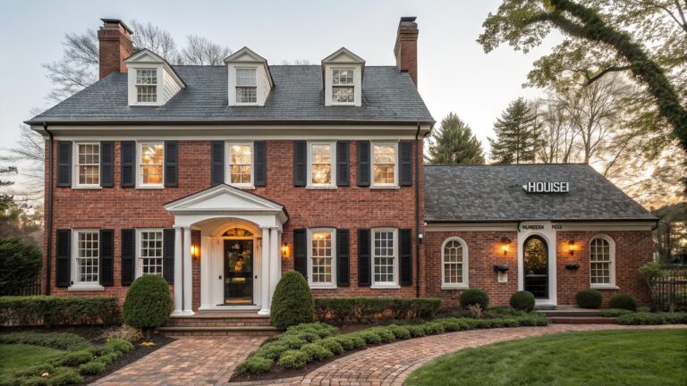 Two-story red brick house with slate roof, paired dormer windows, black shutters, central white portico with columns and lanterns framing black front door, flanked by boxwood hedges and stone pathway.