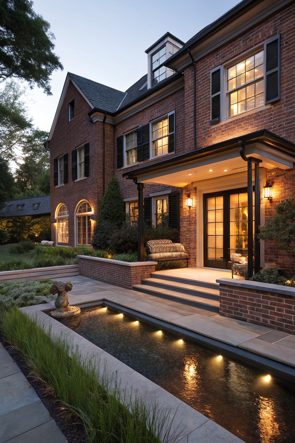 Two-story red brick house exterior at dusk with covered front porch, black double doors, cushioned bench, steps, lantern lights, water feature, and surrounding landscaping.