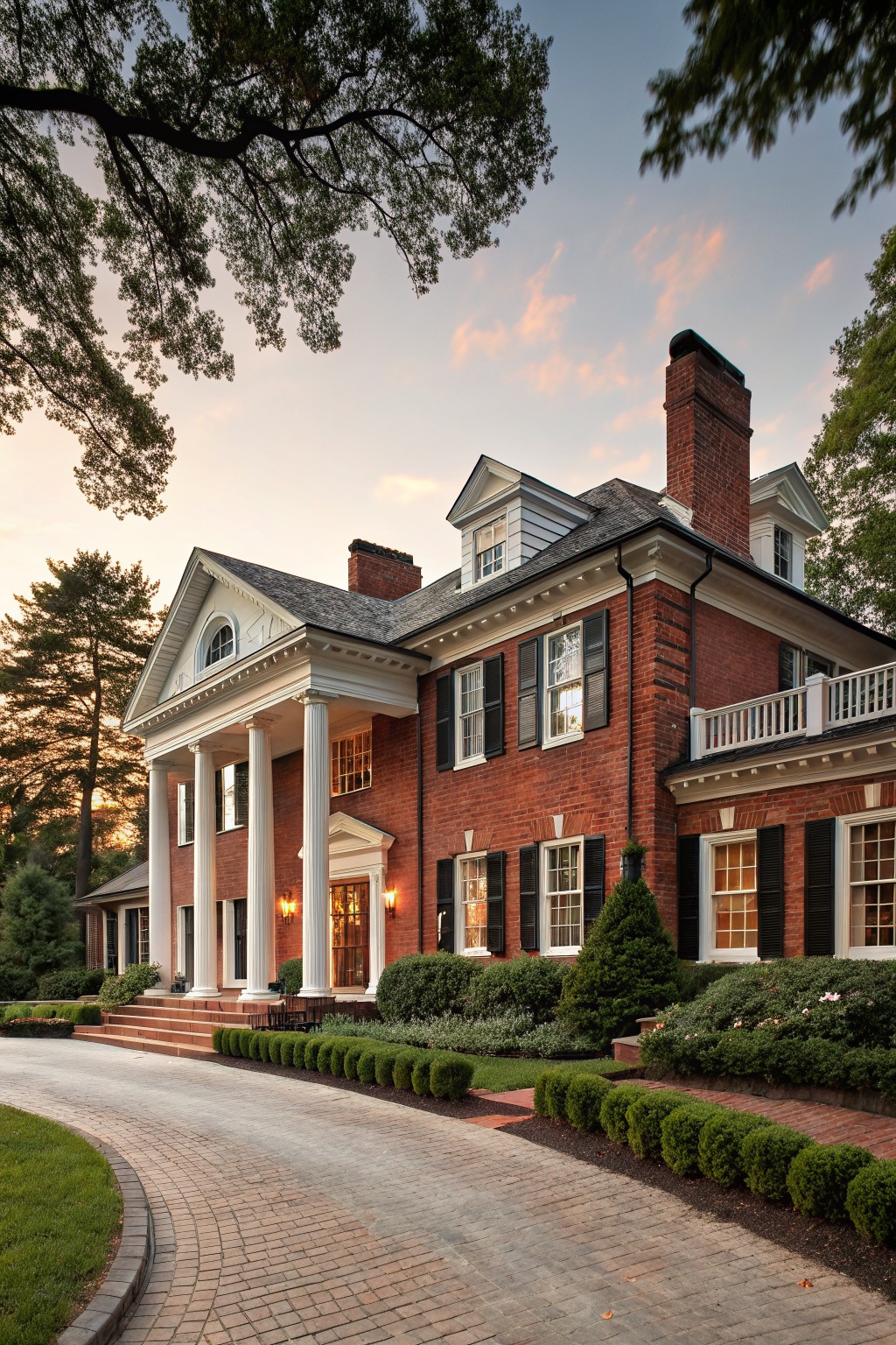 Two-story red brick house with white columned portico, pedimented gable, black shutters, brick chimneys, evergreen trees and shrubs, curved driveway with brick edging at dusk.