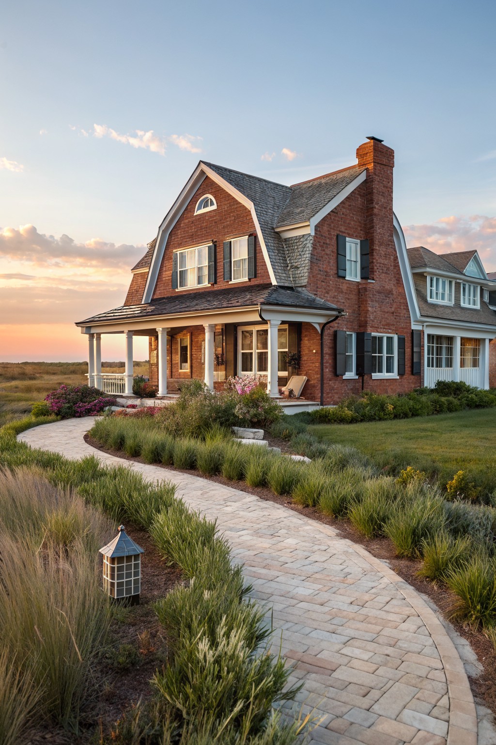 Two-story red brick house with gabled roof, white columned wraparound porch, black shutters, brick chimney, and paved pathway through tall grasses and shrubs at sunset.