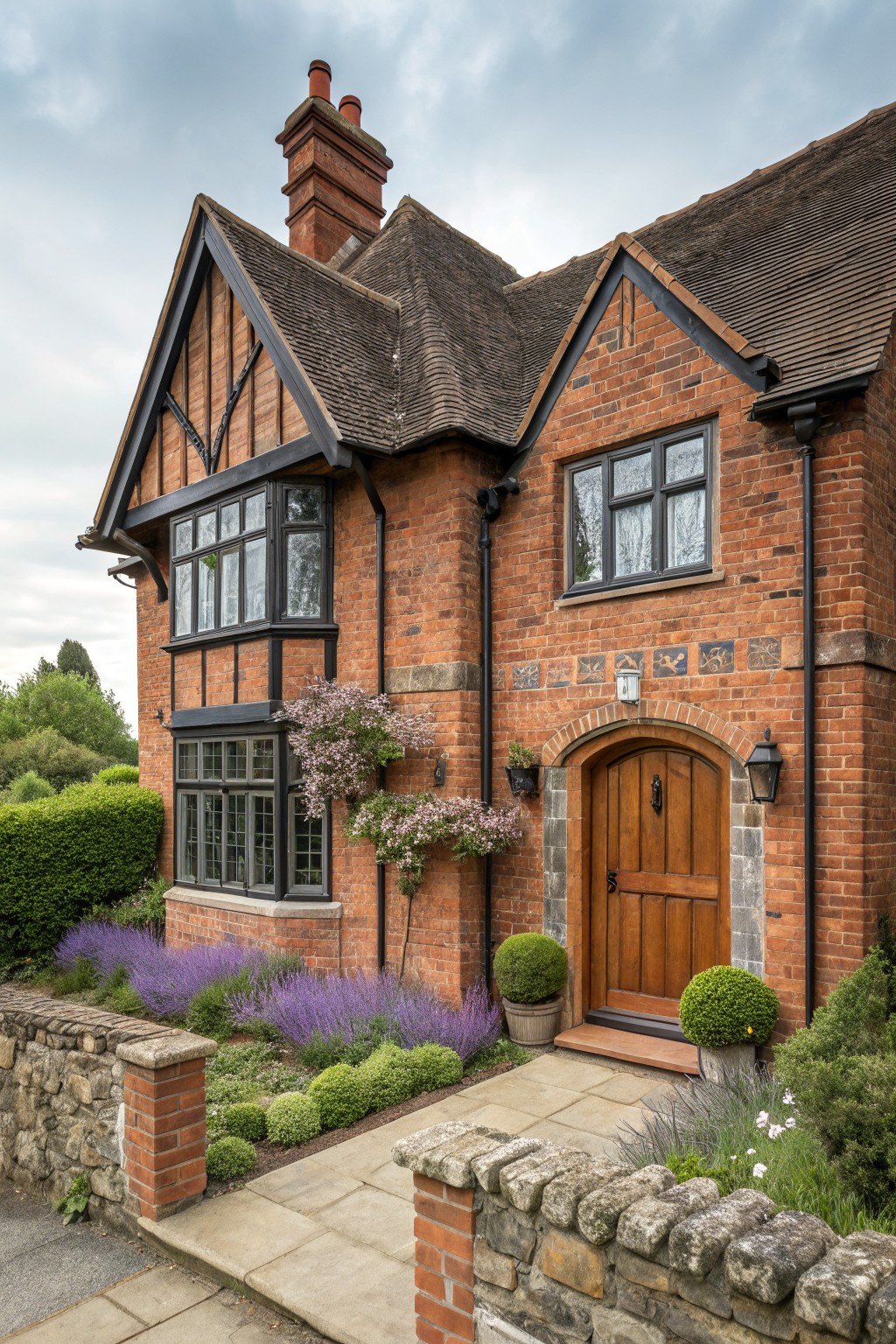 Two-story red brick house exterior with dark timber framing on gables and bay windows, arched wooden entry door flanked by lanterns, purple lavender plants in front beds, and low stone wall along the path.