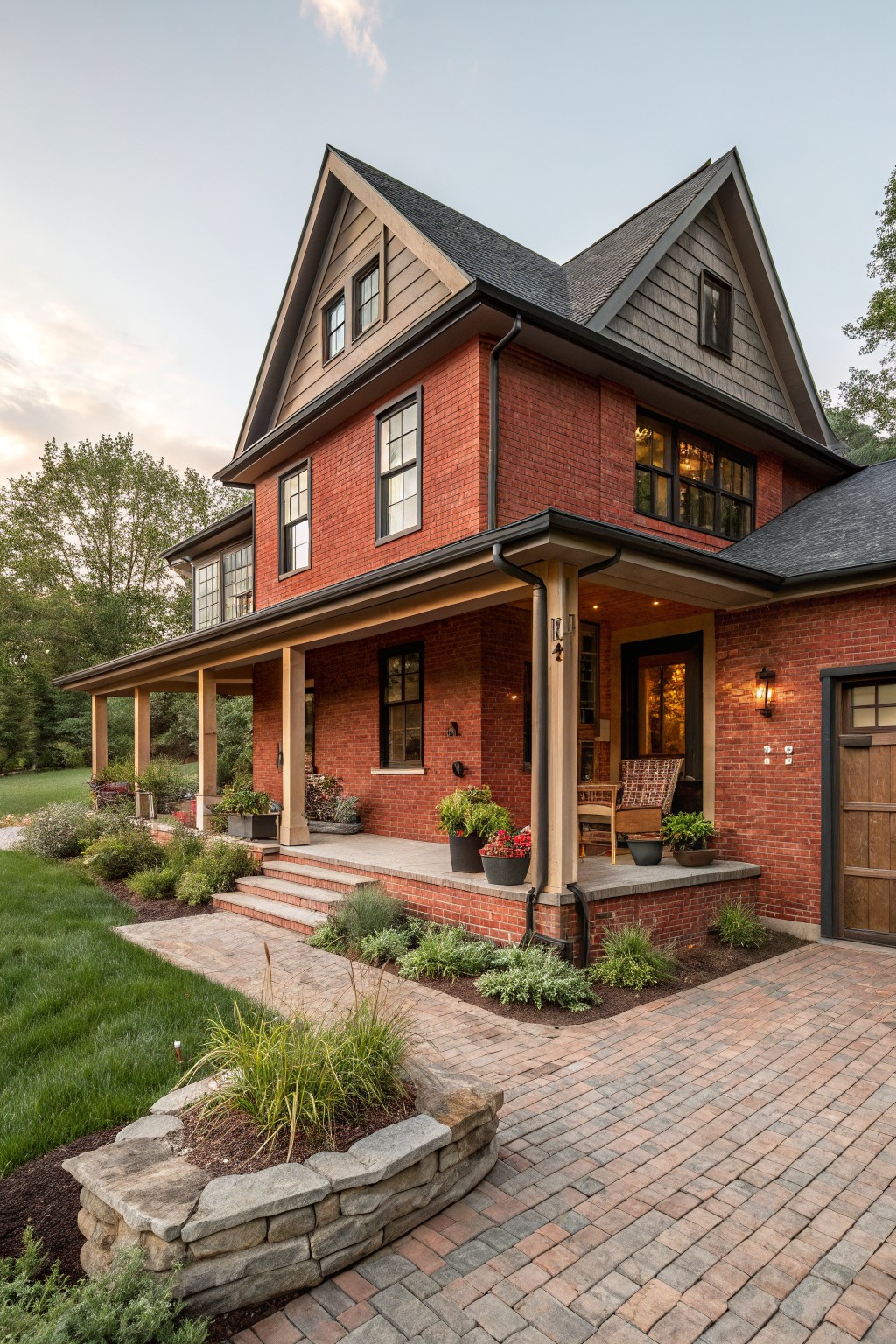 Two-story red brick house with gray wood shake gables, covered front porch supported by timber posts, brick paver walkway and driveway, potted plants on porch, and landscaped yard with stone retaining wall at dusk.