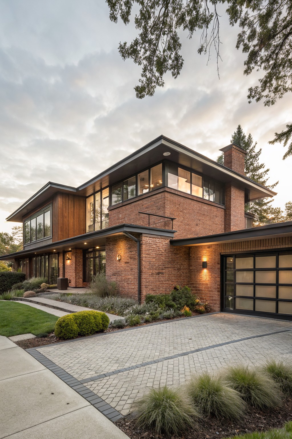 Two-story house exterior with red brick on lower walls and corners, warm wood cladding on upper side, black metal roof elements, large windows, frosted glass garage door, brick chimney, and landscaped entry with pavers, grasses, and shrubs.