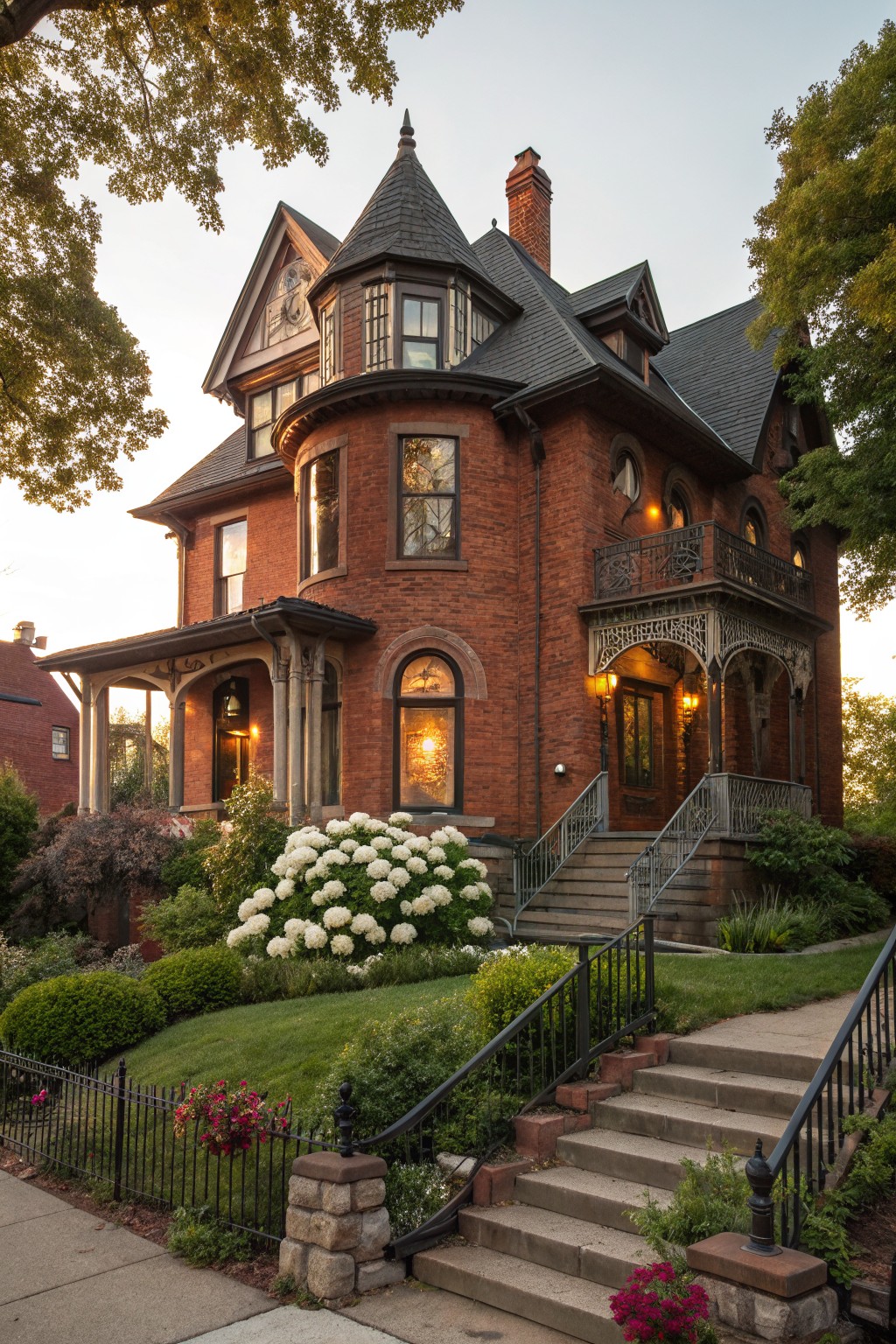 Two-story red brick Victorian house with corner turret, gabled roofs, ornate front porch, brick pathway, white hydrangeas, and iron fence in front yard at dusk.