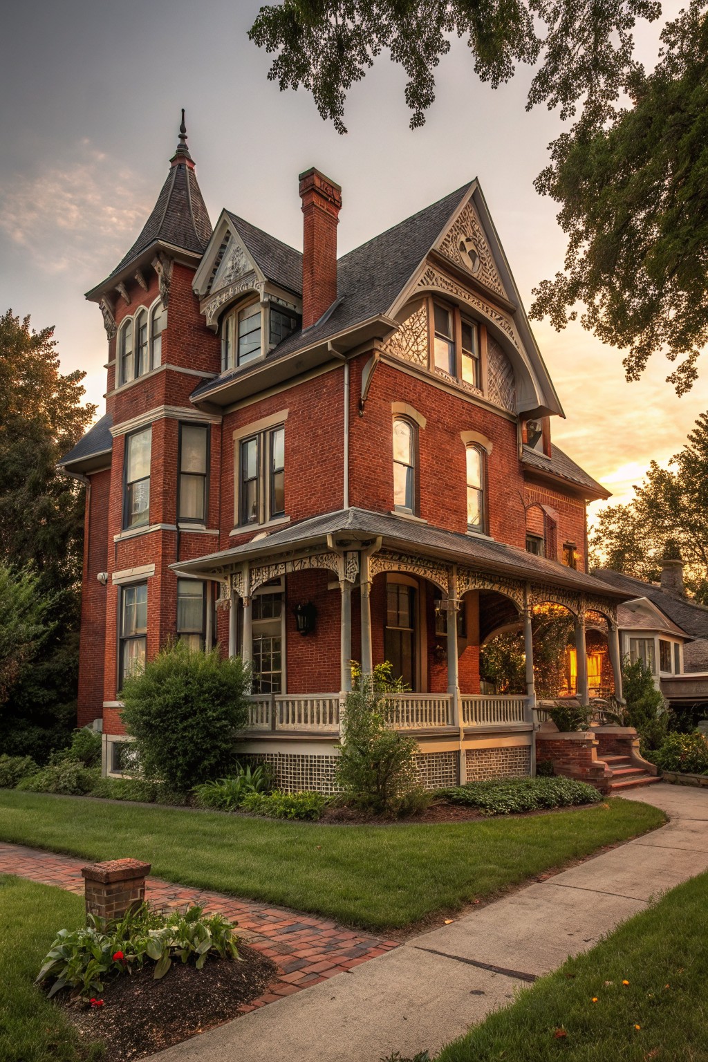 Two-story red brick Victorian house with corner turret, ornate gables, wrap-around porch, brick path, and lawn at dusk.