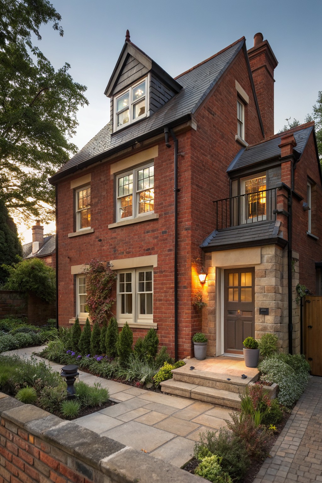 Two-story red brick house with dark slate gabled roofs, multiple double-hung windows, protruding stone entry with wooden door and lantern lights, front steps, low garden walls, planted beds, and paved path at dusk.