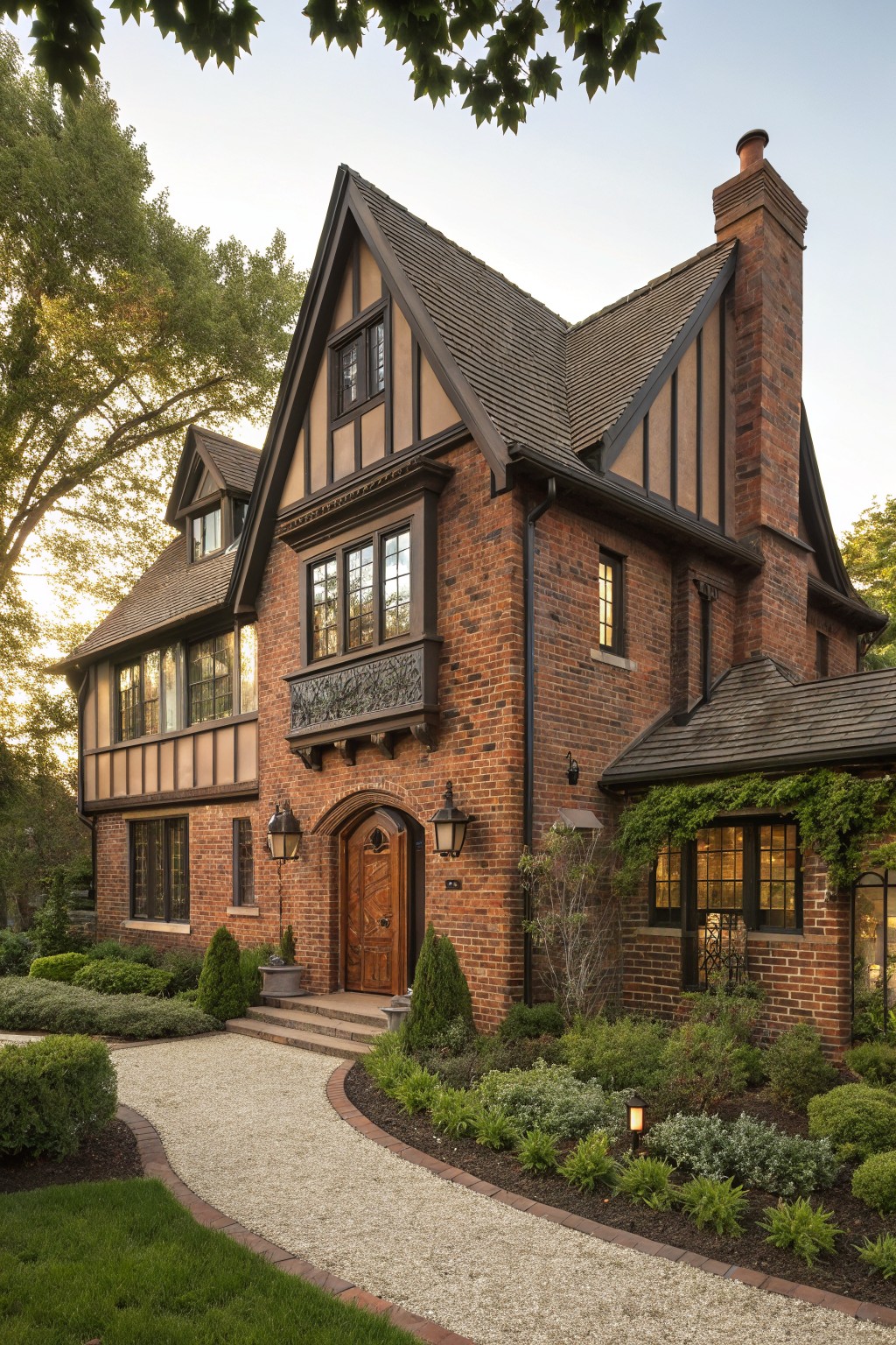Two-story red brick house with dark timber framing on gables and balcony, arched wooden front door flanked by lanterns, gravel pathway edged in brick, and surrounding shrubs and trees in a landscaped yard.