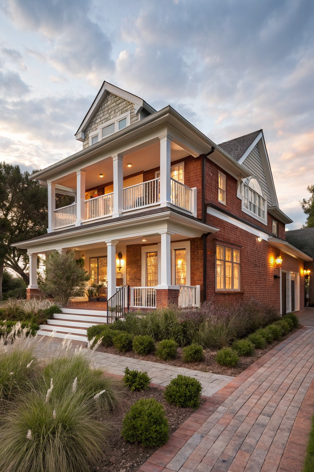 Two-story red brick house with white columns supporting covered porches on both levels, shingle gables, large windows, brick walkway, and ornamental grasses at dusk.