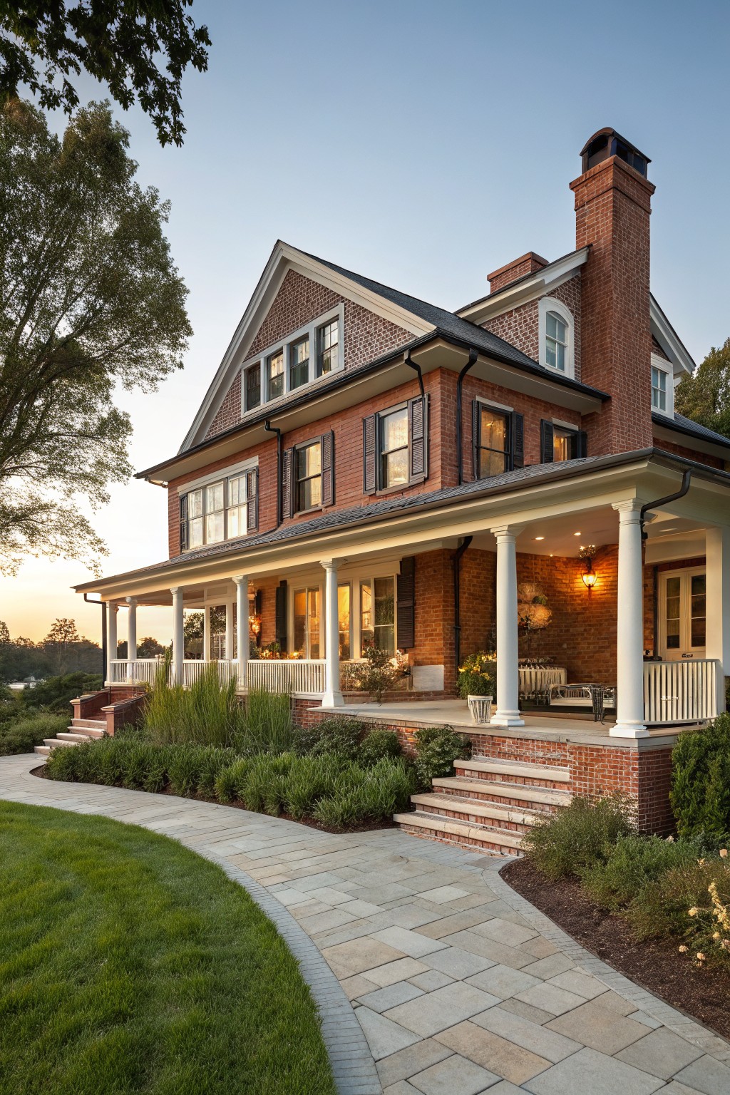 Two-story red brick house with gabled roof, wraparound front porch supported by white columns, brick chimney, large windows with shutters, steps leading to porch, landscaping with shrubs and curved stone pathway at dusk.