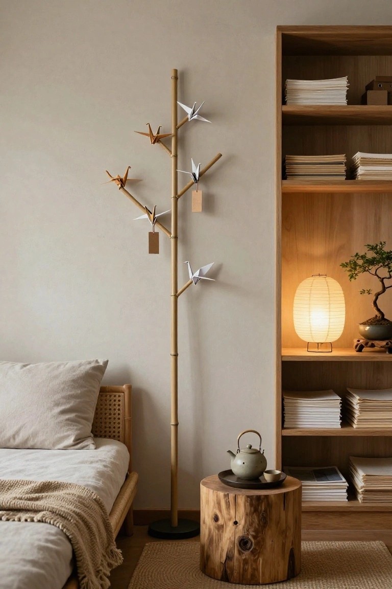 Tall bamboo stand resembling a tree with multiple white origami cranes hanging from its branches in a beige-walled bedroom featuring wooden bookshelves, a rattan bed, and a tree stump table with a teapot.