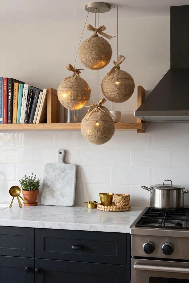 Kitchen with five burlap-covered spherical pendant lights glowing warmly and tied with rope bows, suspended over a marble countertop near wooden shelves, white subway tile backsplash, navy cabinets, and stainless steel stove.