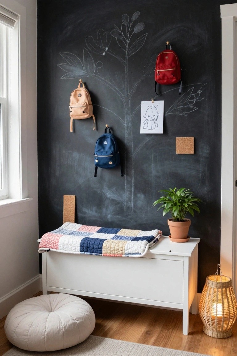 Corner of a room featuring a black chalkboard wall with white chalk drawings of leaves and stems, four colorful backpacks hanging from hooks, a white bench topped with a patchwork quilt and potted plant, a woven lantern, and a round white pouf on a wood floor.