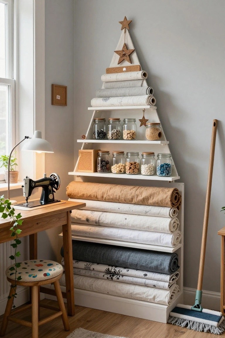 White triangular shelving unit on a light gray wall shaped like a Christmas tree, filled with stacked fabric rolls, jars of buttons and beads, and craft supplies, next to a wooden desk with a sewing machine in a cozy room.
