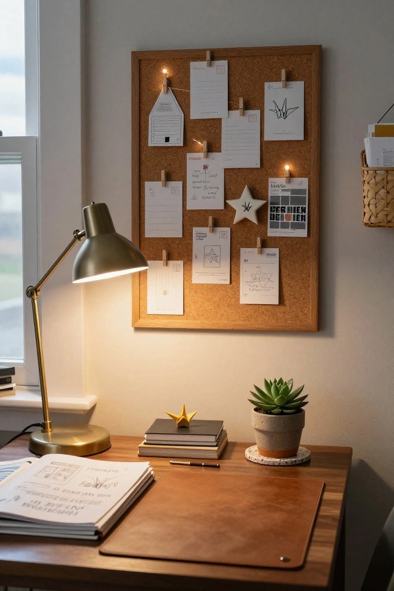 Wooden-framed corkboard on a light wall displaying pinned white papers, postcards, drawings, fairy lights, origami crane, white star, and yellow star, beside a desk with adjustable lamp, leather desk pad, stacked books, pens, and potted succulent.