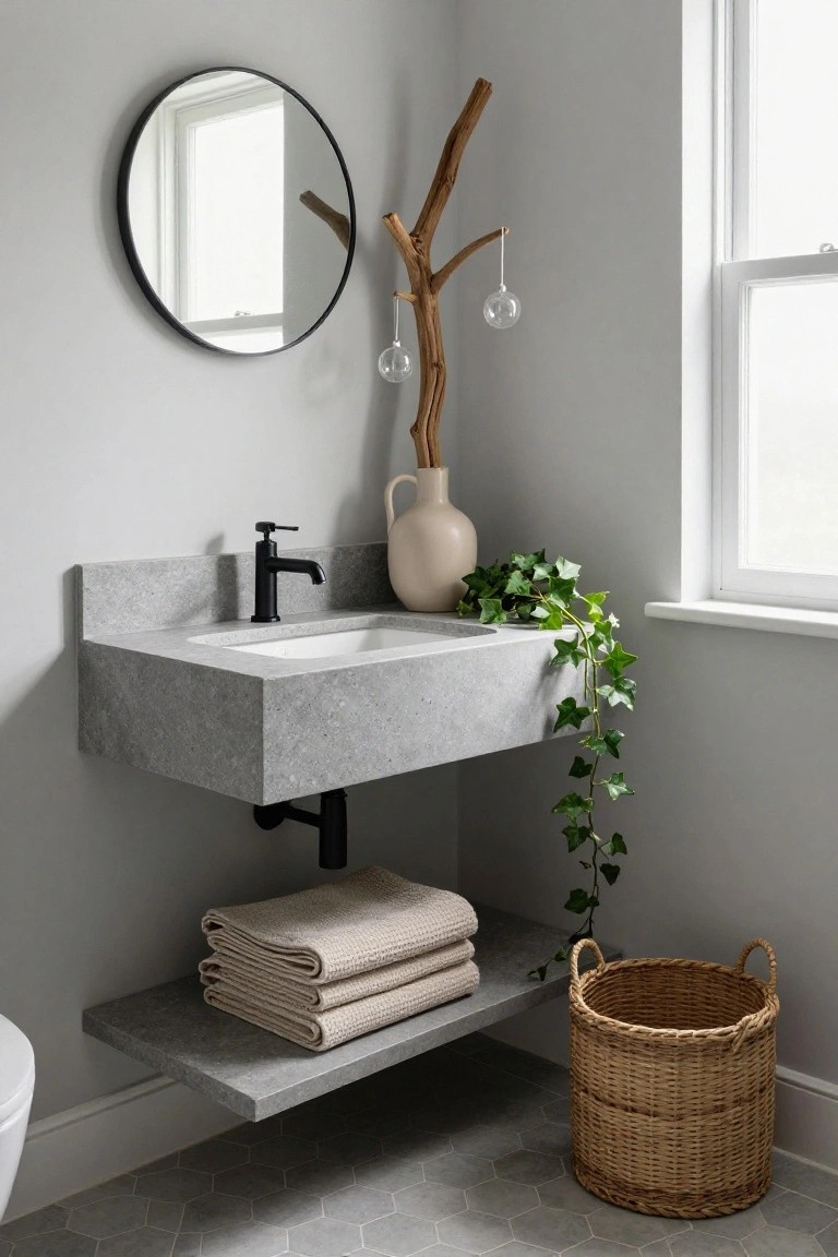 Corner of a light gray bathroom featuring a floating gray concrete sink with black faucet, round black-framed mirror, driftwood branch with two hanging clear glass orbs, beige vase with ivy plant trailing down, stacked beige towels on a gray shelf, woven basket on hexagon tile floor, and white toilet partially visible.