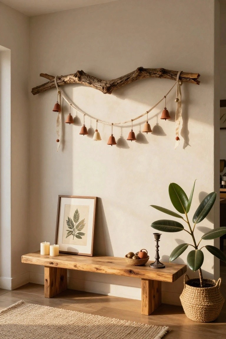 Cozy indoor corner with light wood bench holding candles, woven basket with fruit, potted ficus plant, framed leaf artwork, and curved driftwood branch on wall strung with small terracotta and cream bells.