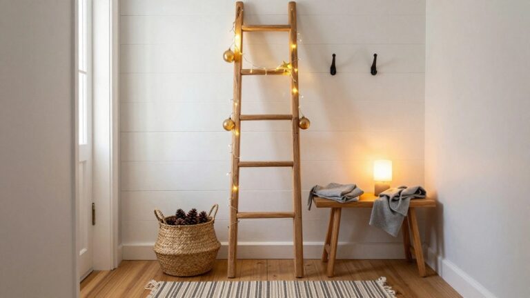22 Clever Alternative Christmas Tree Ideas DIY That Save Space and Money Tall wooden ladder against white wall in entryway decorated with string lights and hanging gold Christmas ornaments, beside wooden bench with gray throw, seagrass basket of pinecones, and striped rug.