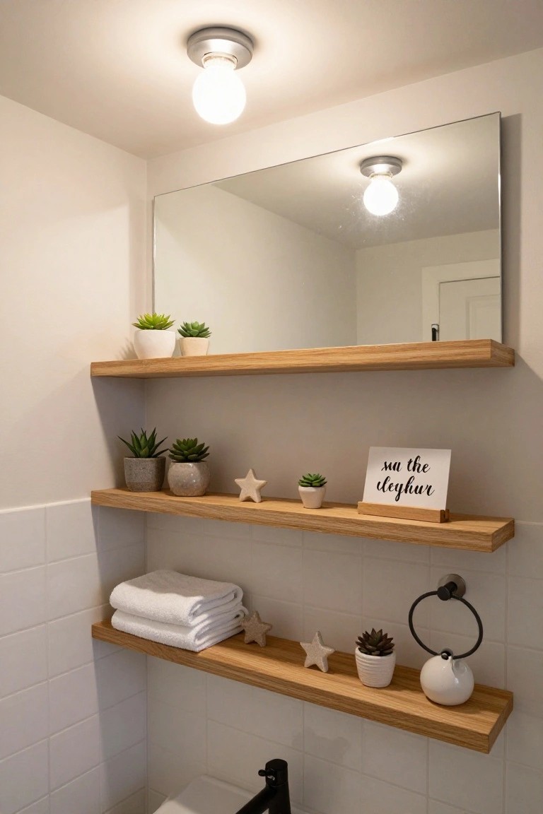 Close-up of three floating oak wood shelves in a white-tiled bathroom corner, displaying potted succulents, folded white towels, starfish, and a small sign reading "sun the shelfur" below a large mirror and black faucet.
