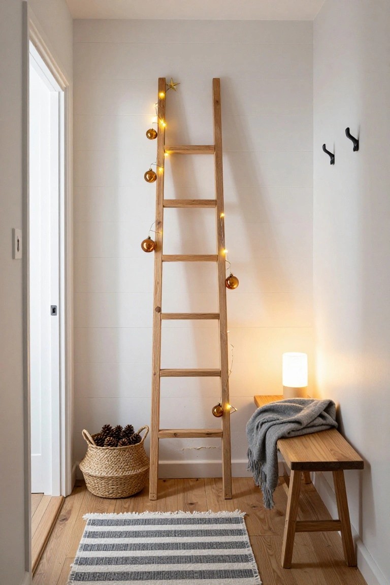 Tall wooden ladder against white wall in entryway decorated with string lights and hanging gold Christmas ornaments, beside wooden bench with gray throw, seagrass basket of pinecones, and striped rug.