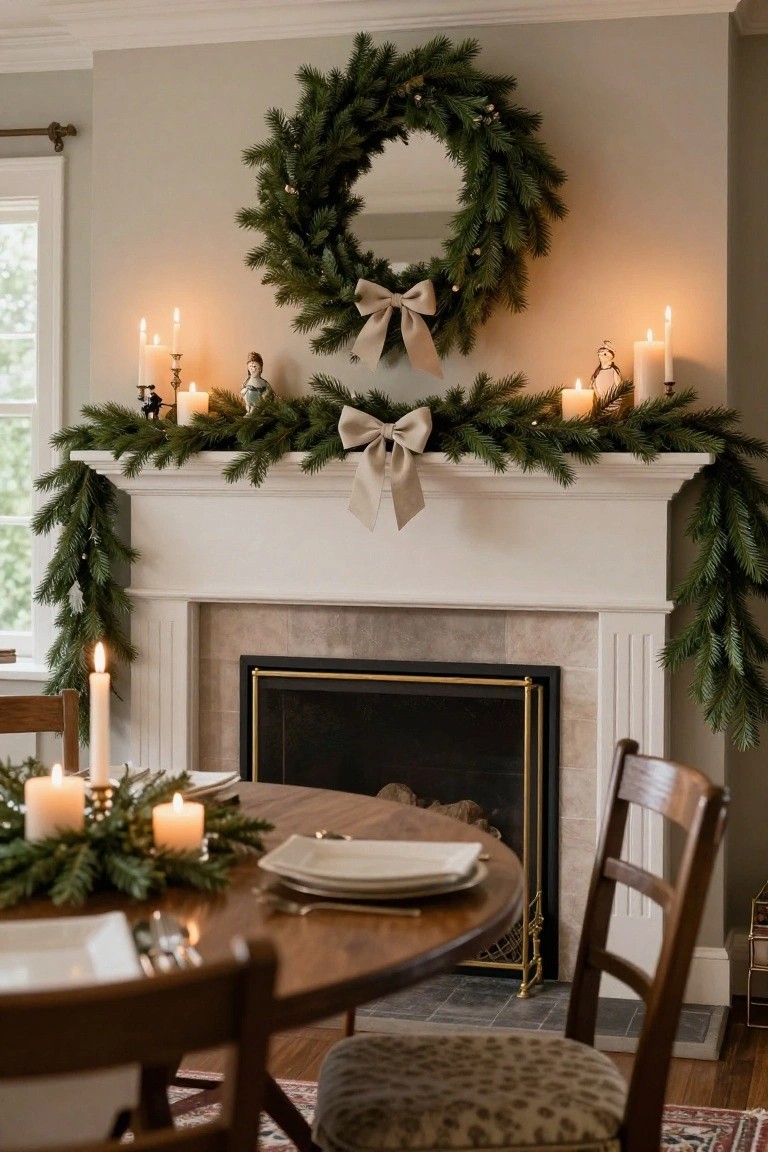 Festive dining room with evergreen garland, wreath, and glowing candles on mantel.