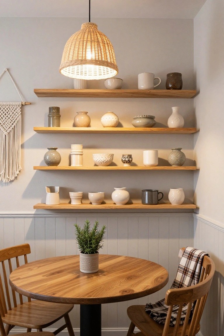 Indoor corner with three floating wooden shelves displaying assorted ceramic vases, bowls, mugs, and pots in neutral tones, a round wooden table with two wooden chairs and a potted rosemary plant, rattan pendant lamp overhead, macrame hanging nearby, and pale walls with wood paneling.
