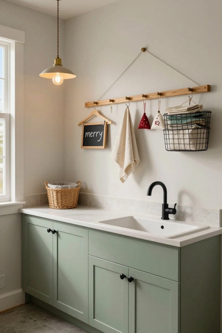 Sage green kitchen cabinets with white countertop, black faucet, and hanging decor.