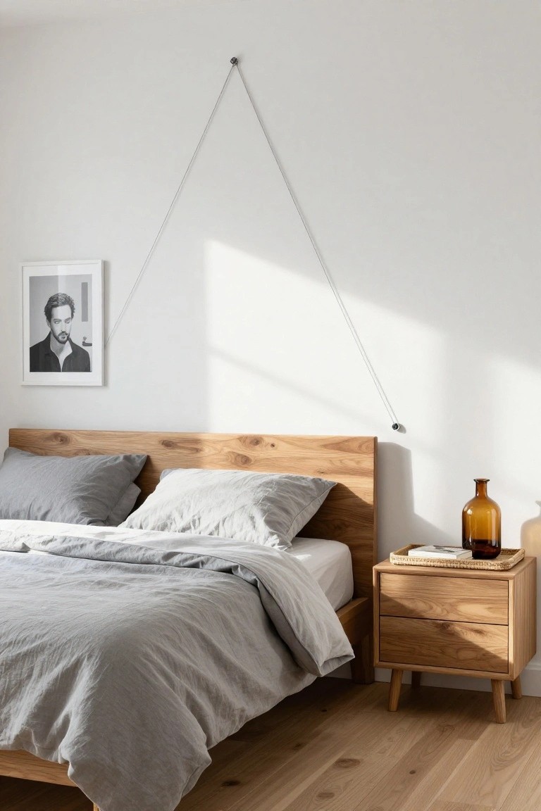 Bedroom with oak bed frame, gray linen bedding, wooden nightstand holding a book and vase, and a black-and-white framed portrait of a man suspended by thin wires on a white wall.
