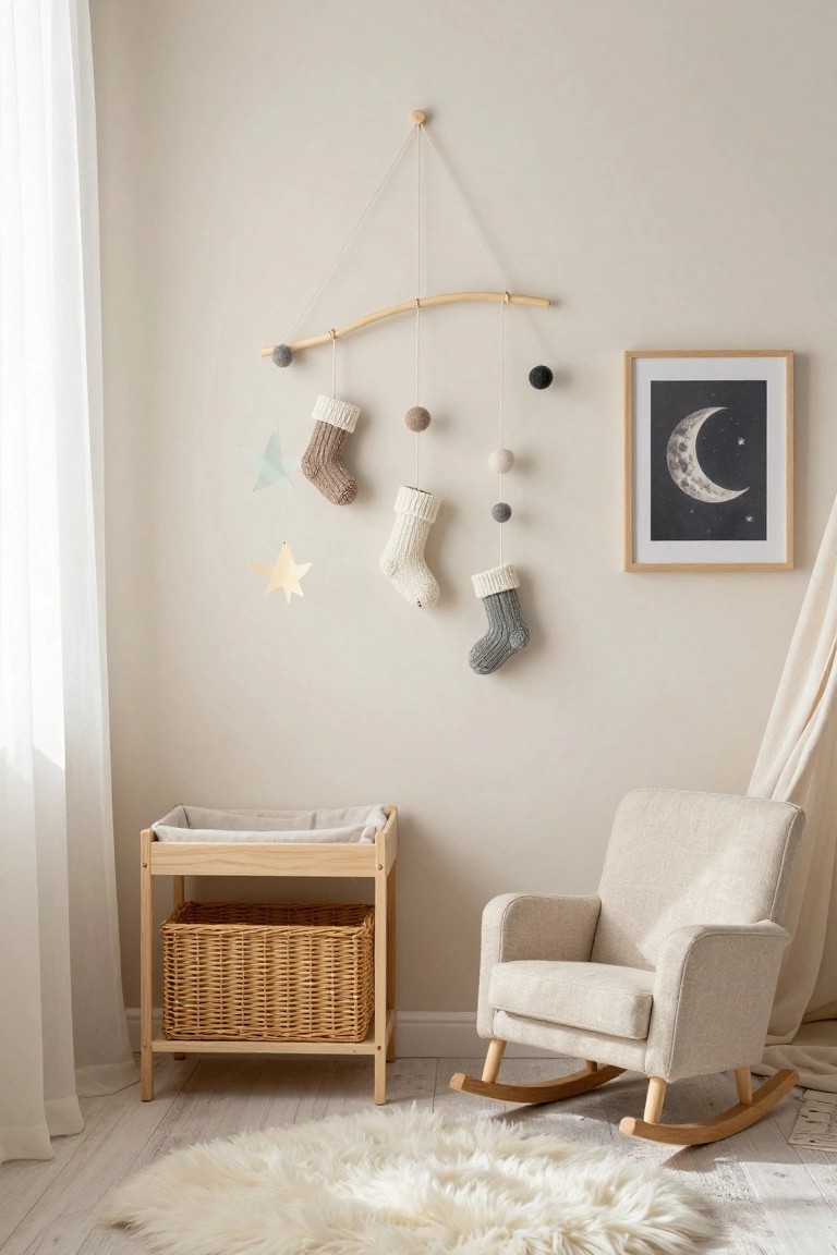 Beige nursery corner with wooden wall-hung mobile of knitted stockings in beige, white, and gray, wooden beads, paper stars, changing table with basket, cream rocking chair, moon print, sheer curtain, and white fluffy rug.