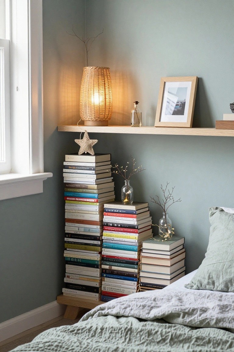 Tall stack of multicolored books on wood floor in bedroom corner next to bed with green linens, blue walls, wooden shelf above holding lamp, bottles with lights, twigs, and starfish ornament.