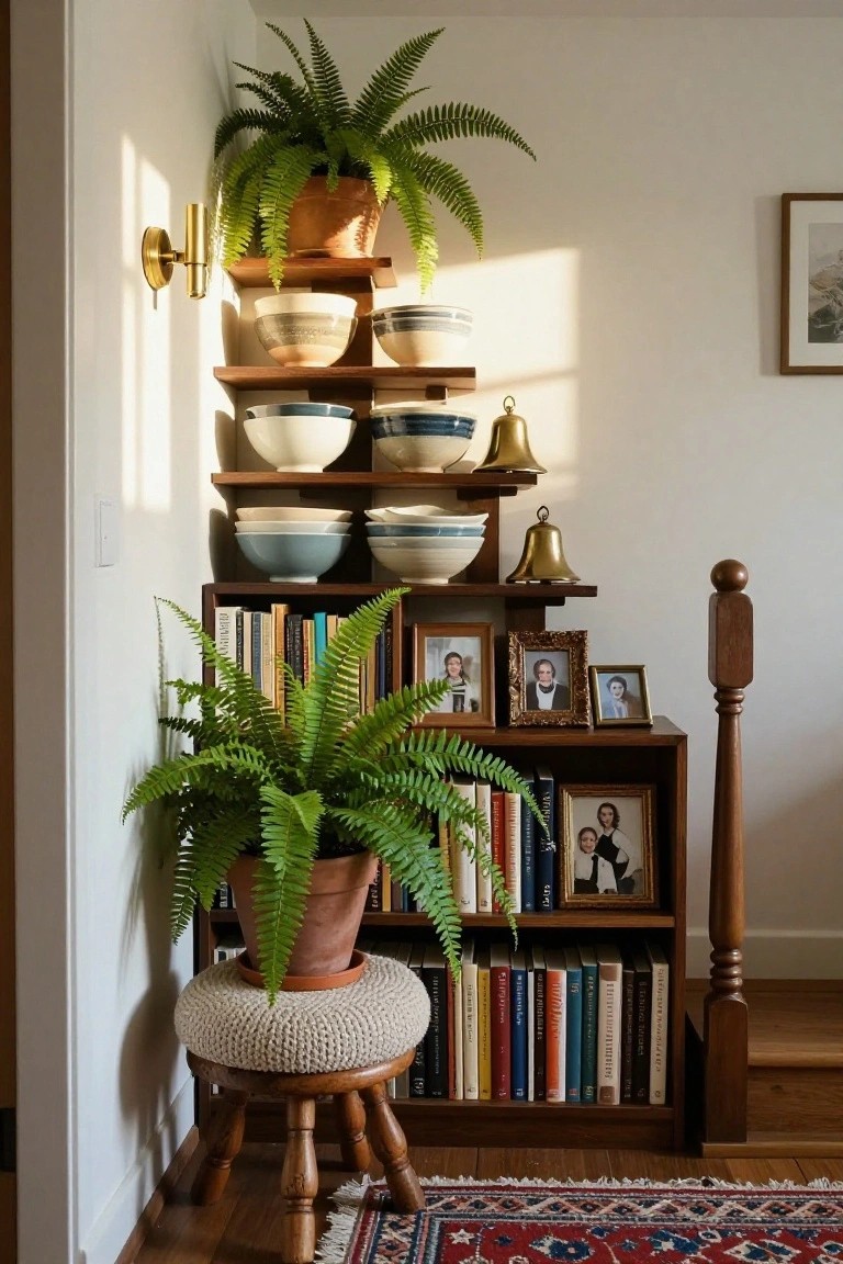 Wooden tiered corner shelving unit holding potted ferns, stacked white ceramic bowls, brass bells, books, and framed photos, with a footstool below on a patterned rug in a sunlit room.