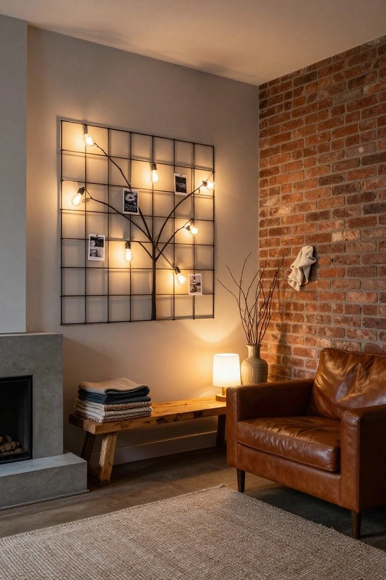 Indoor corner with exposed brick wall displaying a large black metal grid frame resembling a tree strung with warm bulb lights and clipped photos, next to a concrete fireplace, wooden bench with folded blankets, leather armchair, table lamp, vase of branches, and seagrass rug.