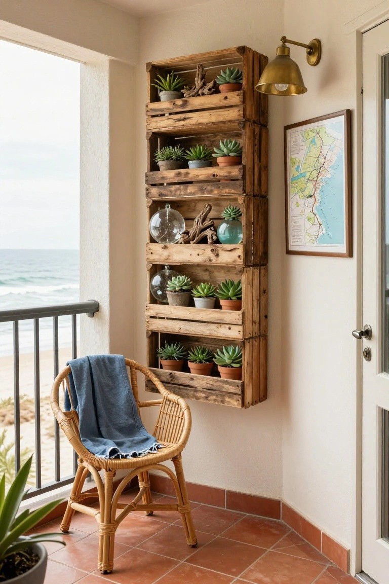 A tall vertical wall-mounted planter made from stacked wooden crates filled with potted succulents and glass decor on a balcony with ocean view, rattan chair, wall lamp, and map beside a door.