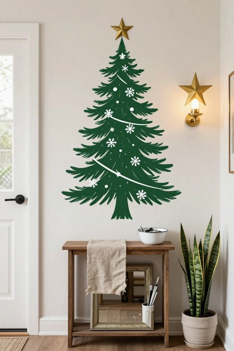A large green Christmas tree wall decal with white snowflakes and gold star on a beige interior wall next to a glass door, with a wooden console table below holding a mirror, snake plant, bowl, and linens.